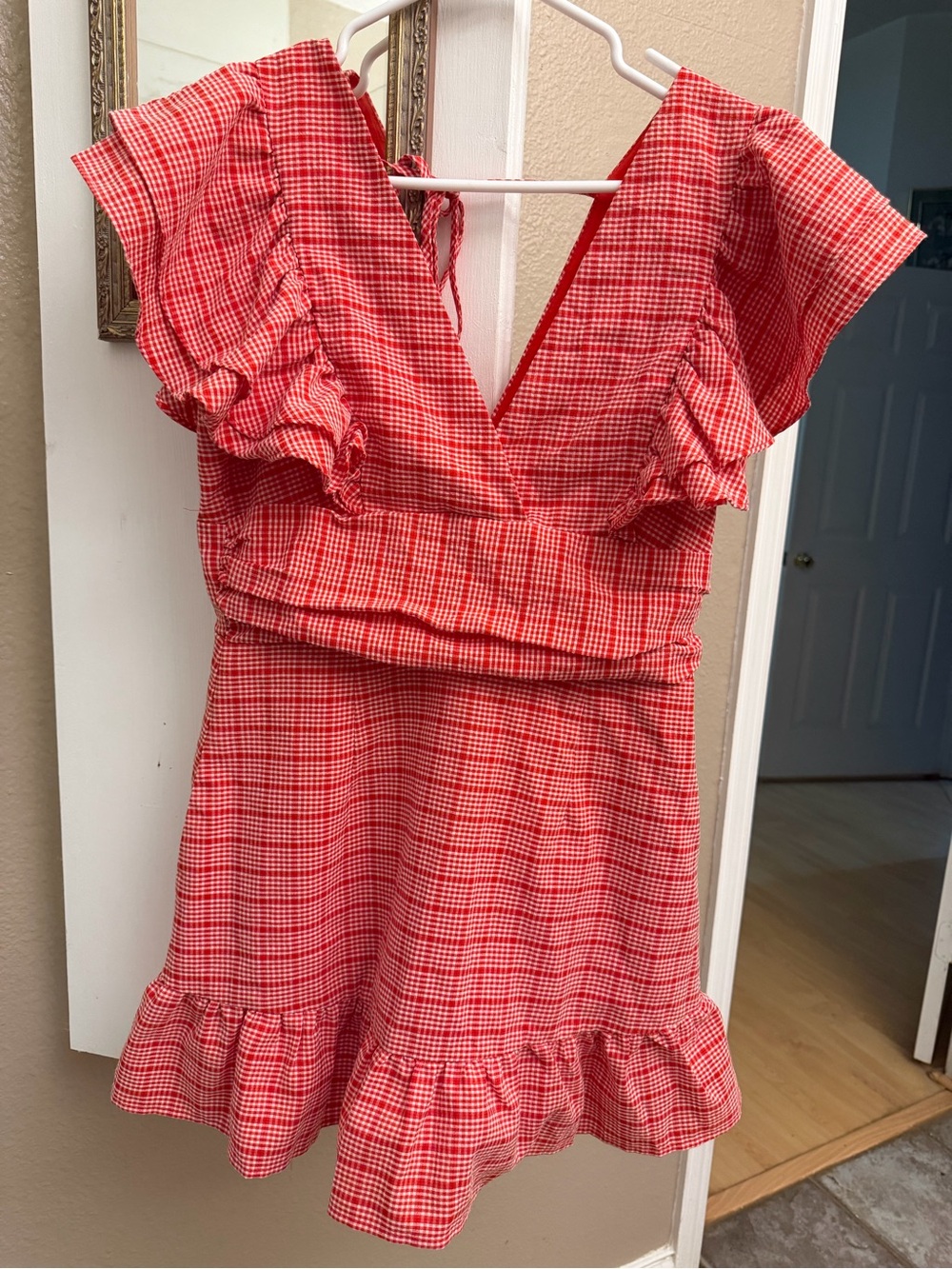 day+moon Red gingham Ruffle V-Neck romper